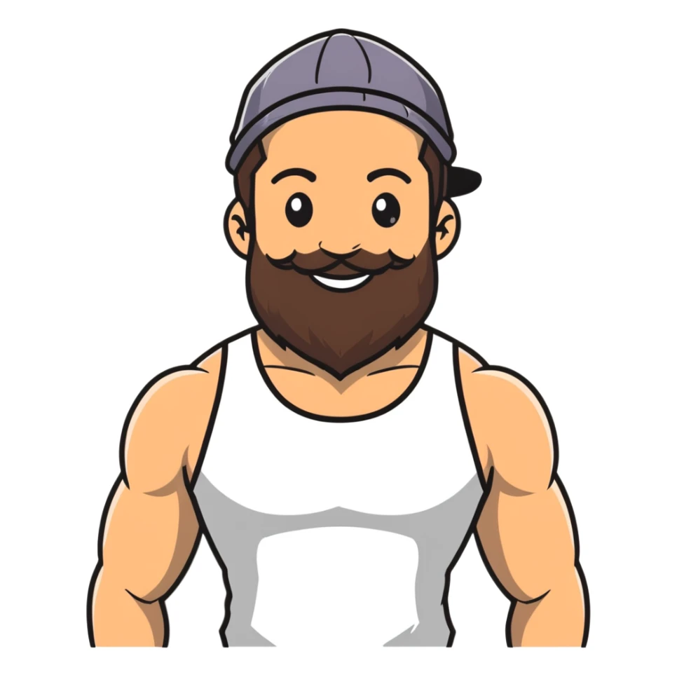 Muscular man with mid-long hair wearing a hat, big beard, smiling, white tank top sticker
