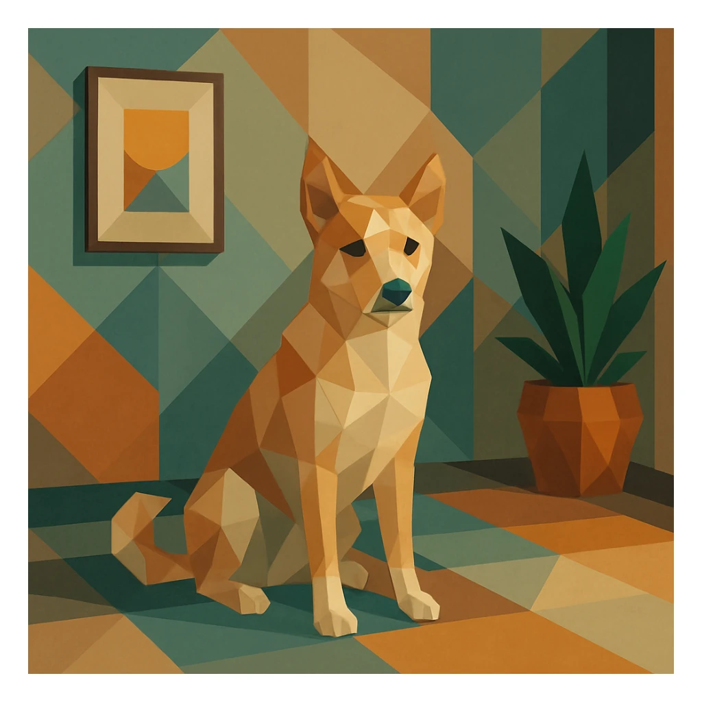 a dog in a room with geometric decor, polygonal style sticker