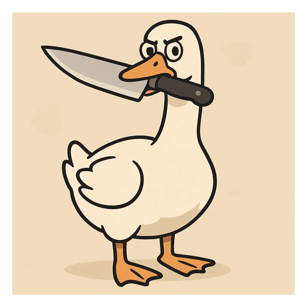 a goose with a knife in its mouth, flat toon cartoon style sticker