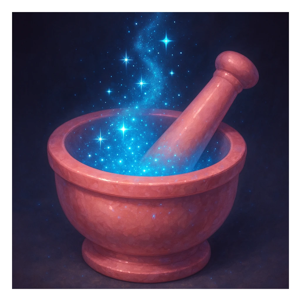 a pink mortar and pestle with sparkling blue fairy dust, magical, no text sticker