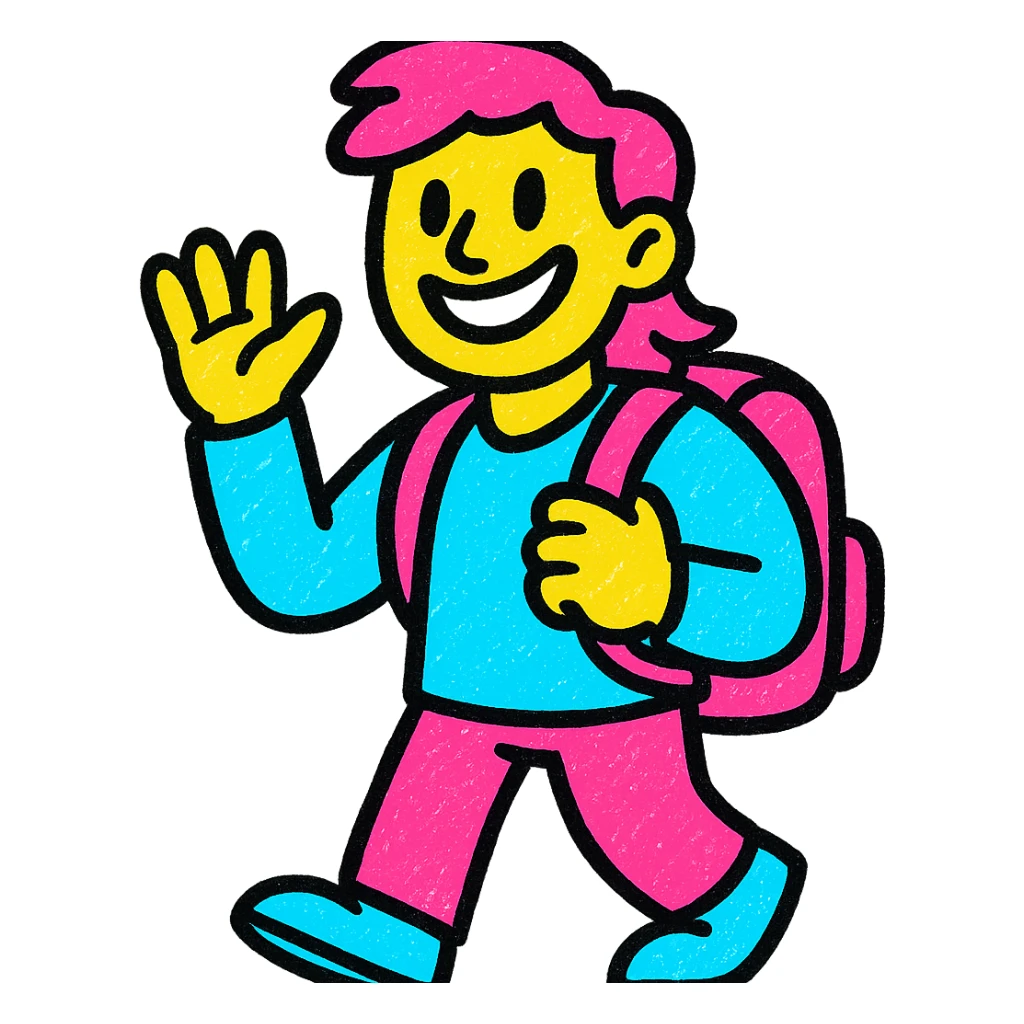 vibrant, smiling university student wearing a backpack, joyful and friendly, colorful style sticker
