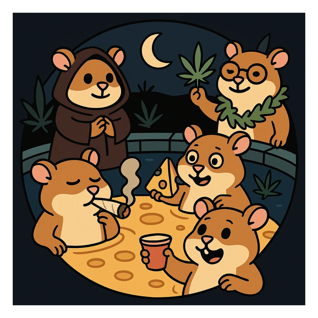 Discord server icon, circular, centered composition of a hamster cult weed and cheese pool party at night, bold and graphic, flat toon style sticker