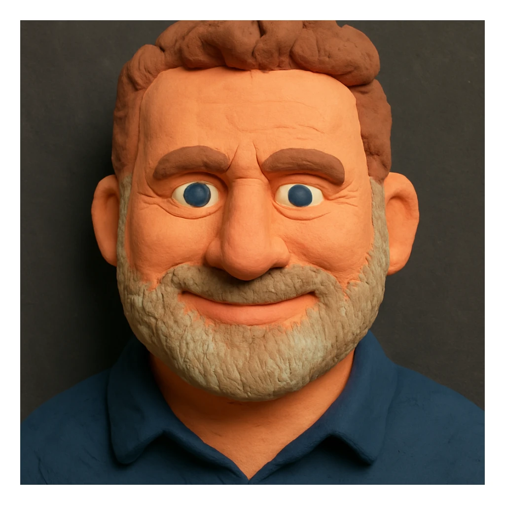 Claymation portrait of the user's face with a slightly larger forehead, friendly and confident facial expression, background in anthracite color. sticker