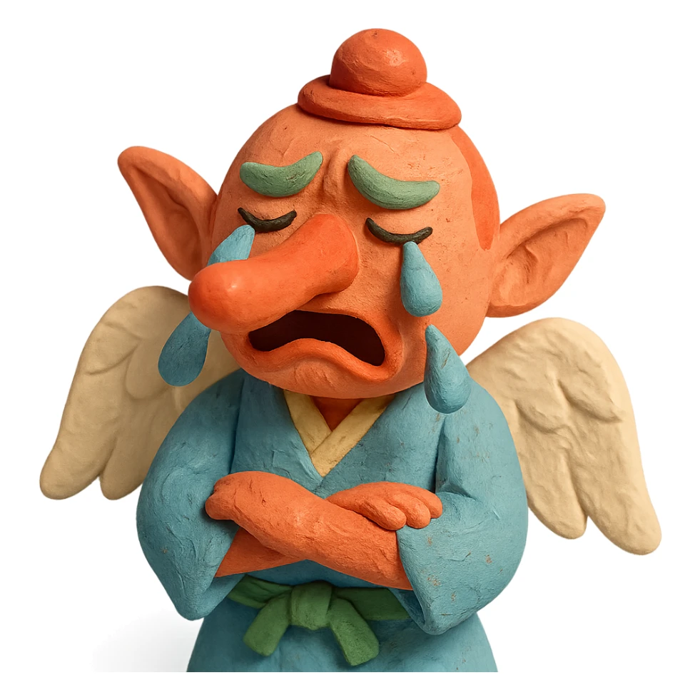 claymation style tengu with long nose crying, pastel colors sticker