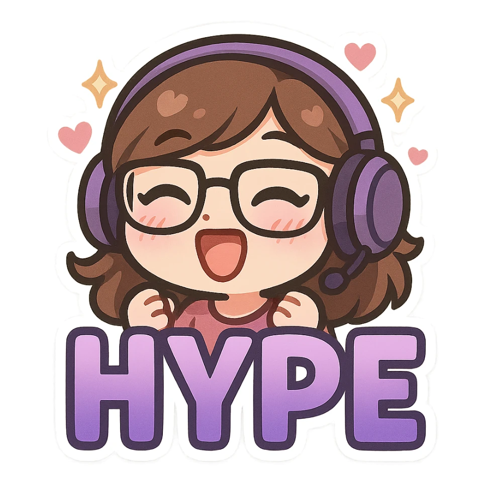 Make the HYPE letters a purple gradient and add extra cute details to the emote, such as sparkles, hearts, or blush, while keeping the chibi style, purple headset, and glasses. Transparent background. sticker