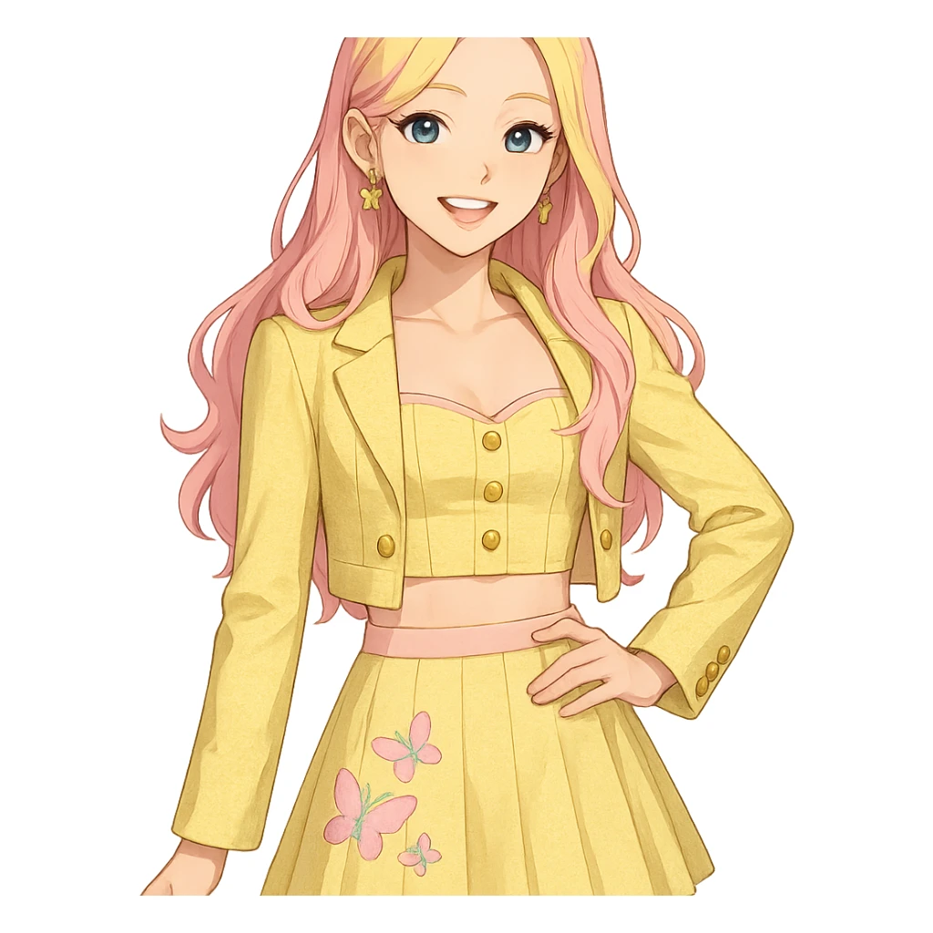 Fluttershy reimagined as a human K-pop idol, standing and smiling, transparent background sticker