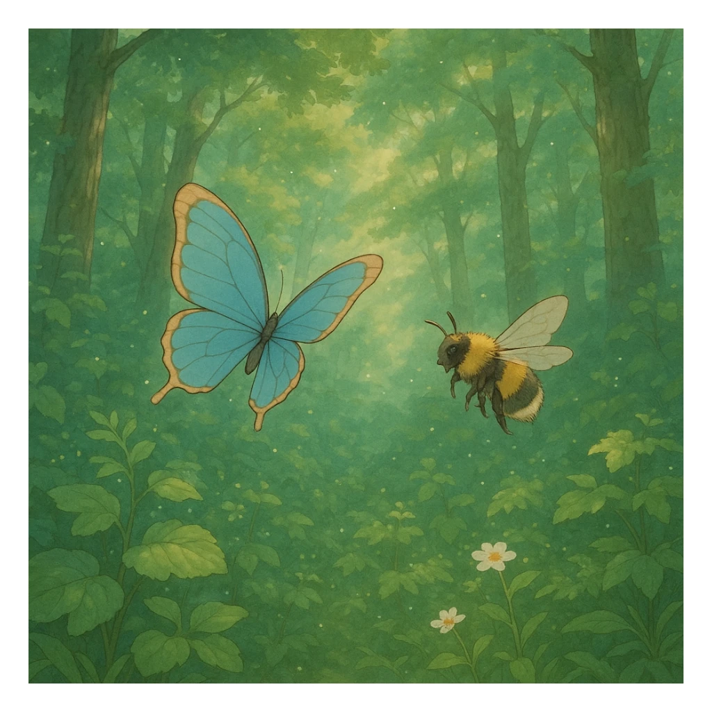ghibli style butterfly and bee in a lush forest, soft colors, magical atmosphere sticker