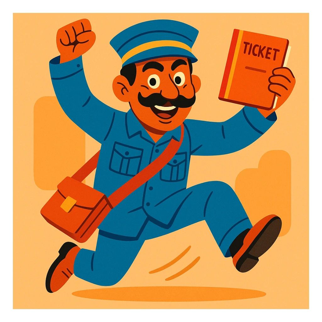 Pakistani bus conductor in traditional uniform, energetic pose, mustache, holding ticket book, vibrant colors, expressive face, South Asian features, simple background sticker