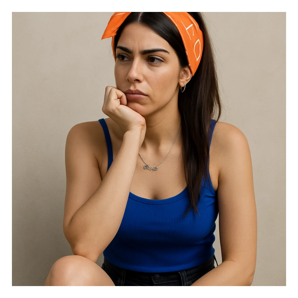 Create a hyperrealistic 4K image of a thoughtful woman, almost full figure, with her hand under her chin, inspired by the reference image. She has a reflective expression and a neutral background. This is variant 5 with a changed leg position. sticker