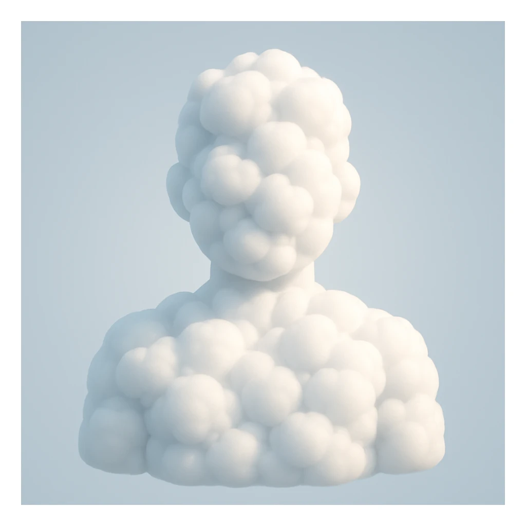 contour of a person from shoulders front view, filled entirely with 3D fluffy white clouds inside, volumetric, soft, realistic light and shadows, in the style of Apple 3D emoji, front view sticker