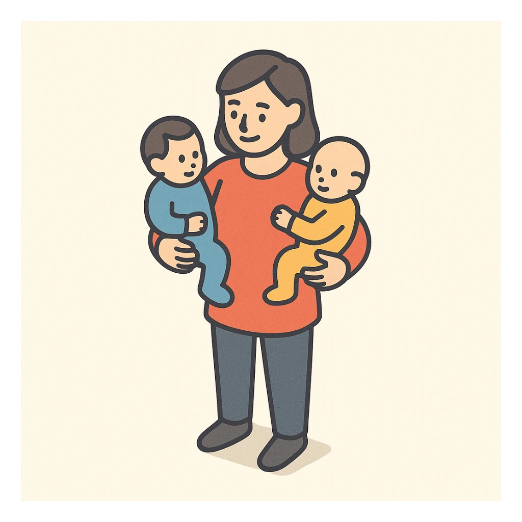 a mother standing and holding two babies, one on each arm, smiling, 2D isometric illustration style sticker