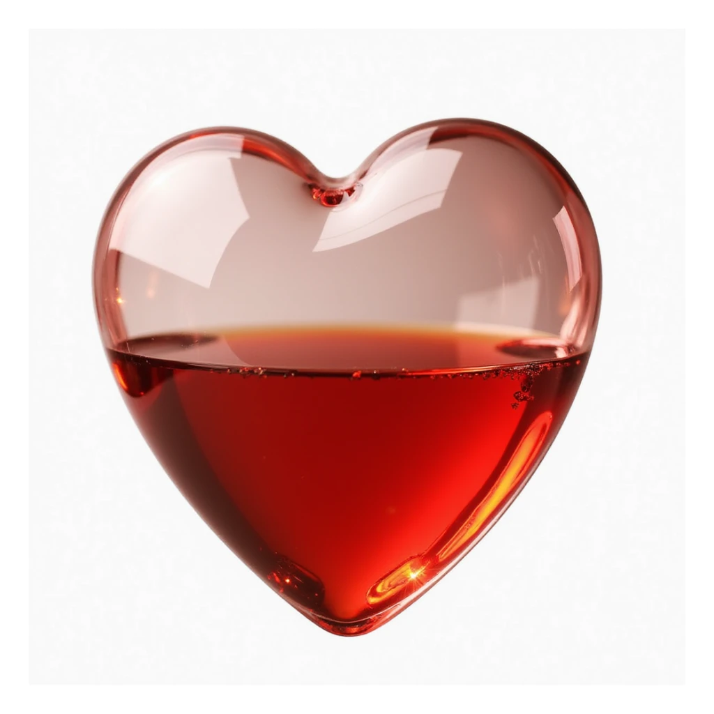 a transparent heart with a glossy finish, half filled with bright red liquid, realistic and detailed sticker