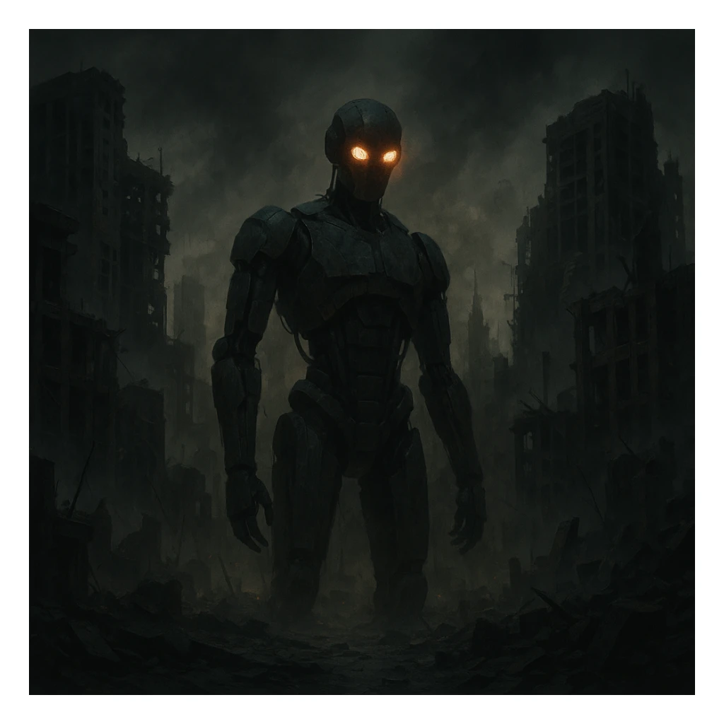 AI with glowing eyes scanning a destroyed city, apocalyptic background, dark mood sticker