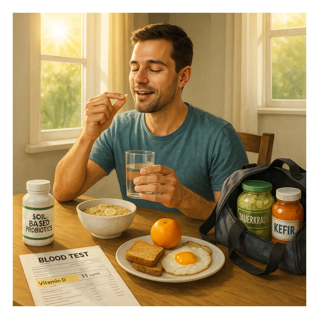 realistic wellness illustration style of a man taking soil-based probiotics with breakfast, sunlight streaming in to symbolize vitamin D, blood test results showing vitamin D levels visible on table, gym bag nearby with fermented foods visible, positive and health-focused atmosphere, bright natural lighting sticker