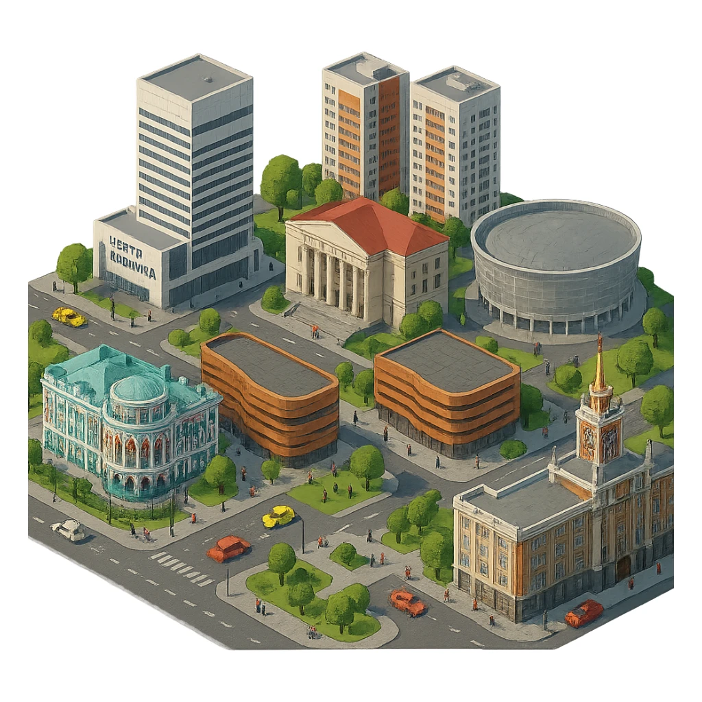 Изометричная миниатюрная фотореалистичная 3D модель Екатеринбурга - Дом Севастьянова, Ельцин-центр, Уральский федеральный университет, дома, Екатеринбург Арена, Медный дом, Здание Свердловского городского совета народных депутатов, четкие линии, яркие цвета, мультяшный реализм, люди, автотранспорт, компактная композиция, вид сверху в изометрии, прозрачный фон sticker