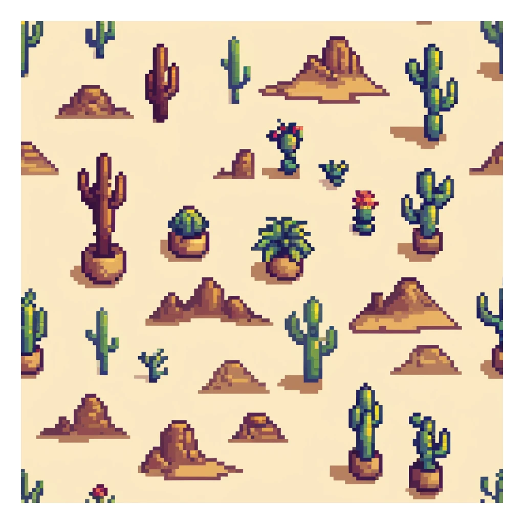 desert tile set with sand dunes, cacti, rocky formations, oasis with palm trees, desert shrubs, and ancient ruins sticker