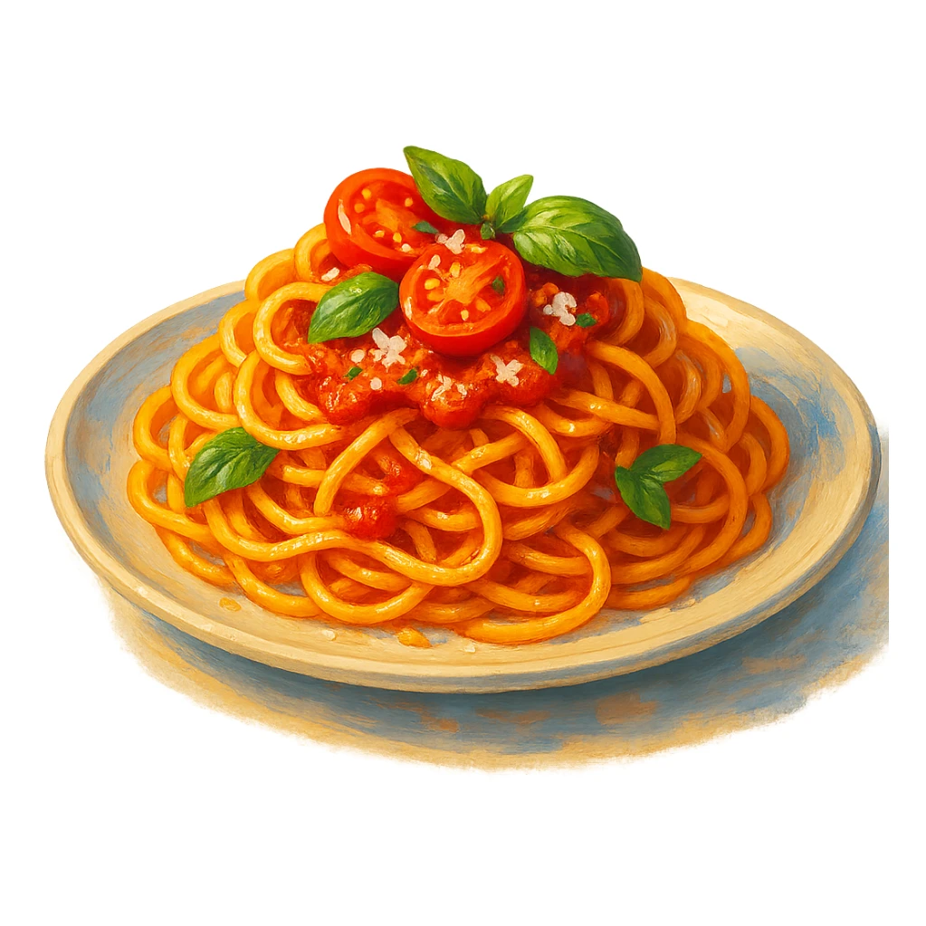 В слега рисованном, но при этом ярком и объемном стиле сгенерируй картинку сочной итальянской пасты, профессионально выставленный свет, который подчеркивает объем, прозрачный фон sticker