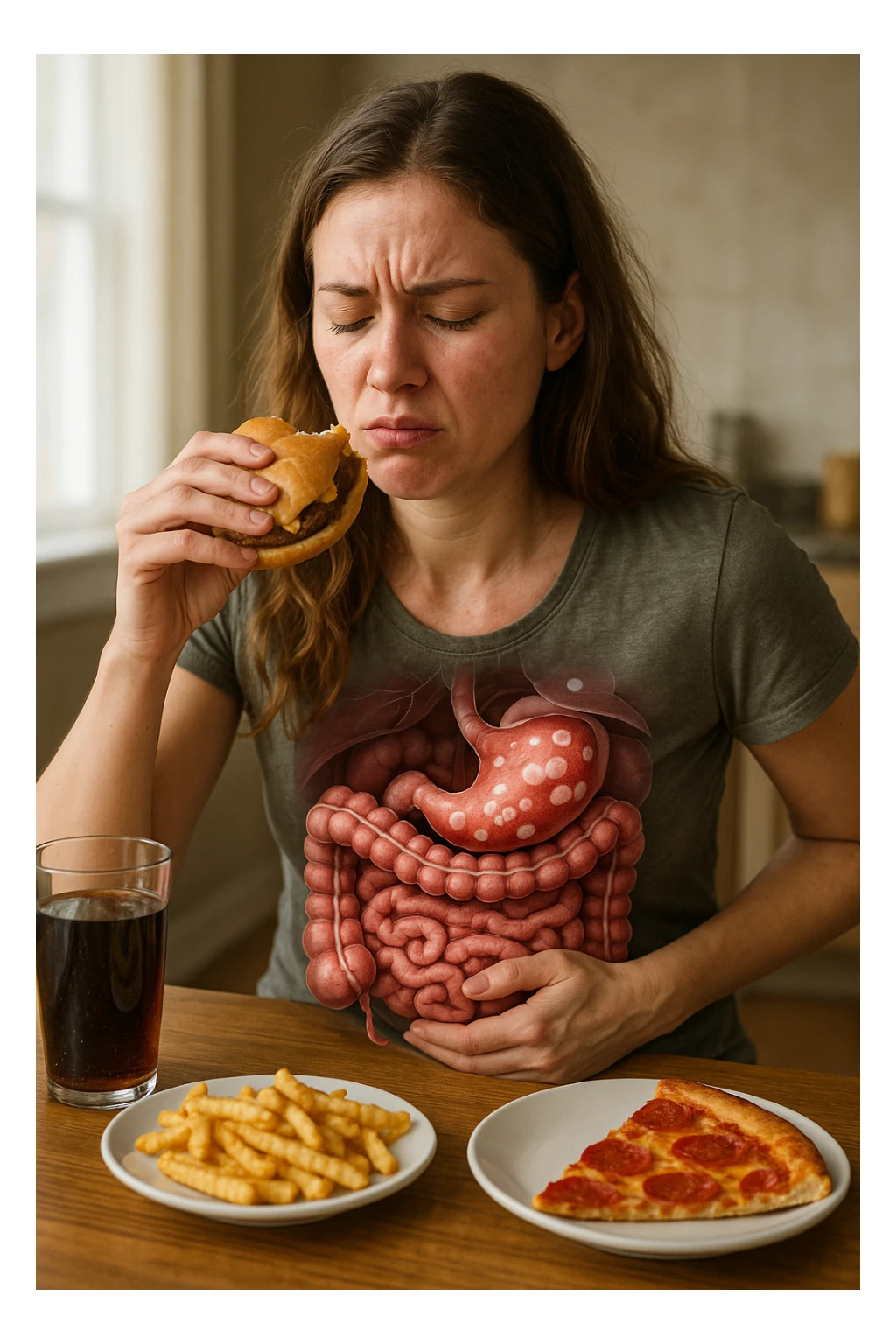 donna con candida intestinale realistic mangia cibo ultraprocessato che fa crescere la candida intestinale sticker