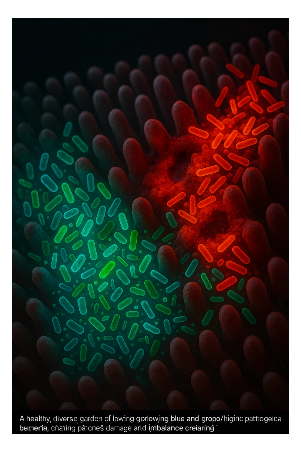 Scientific visualization of a man's intestinal lining. A healthy, diverse garden of glowing blue and green probiotic bacteria is being overtaken and outnumbered by aggressive, inflammatory red and orange pathogenic bacteria, creating patches of damage and imbalance. Dark, clinical background. sticker