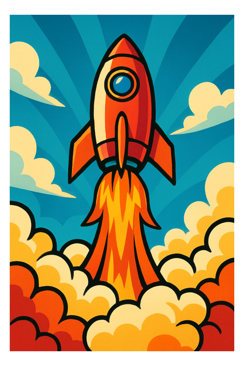 rocket ship blasting off viewed from below with fiery exhaust and clouds of smoke dynamic energetic style sticker