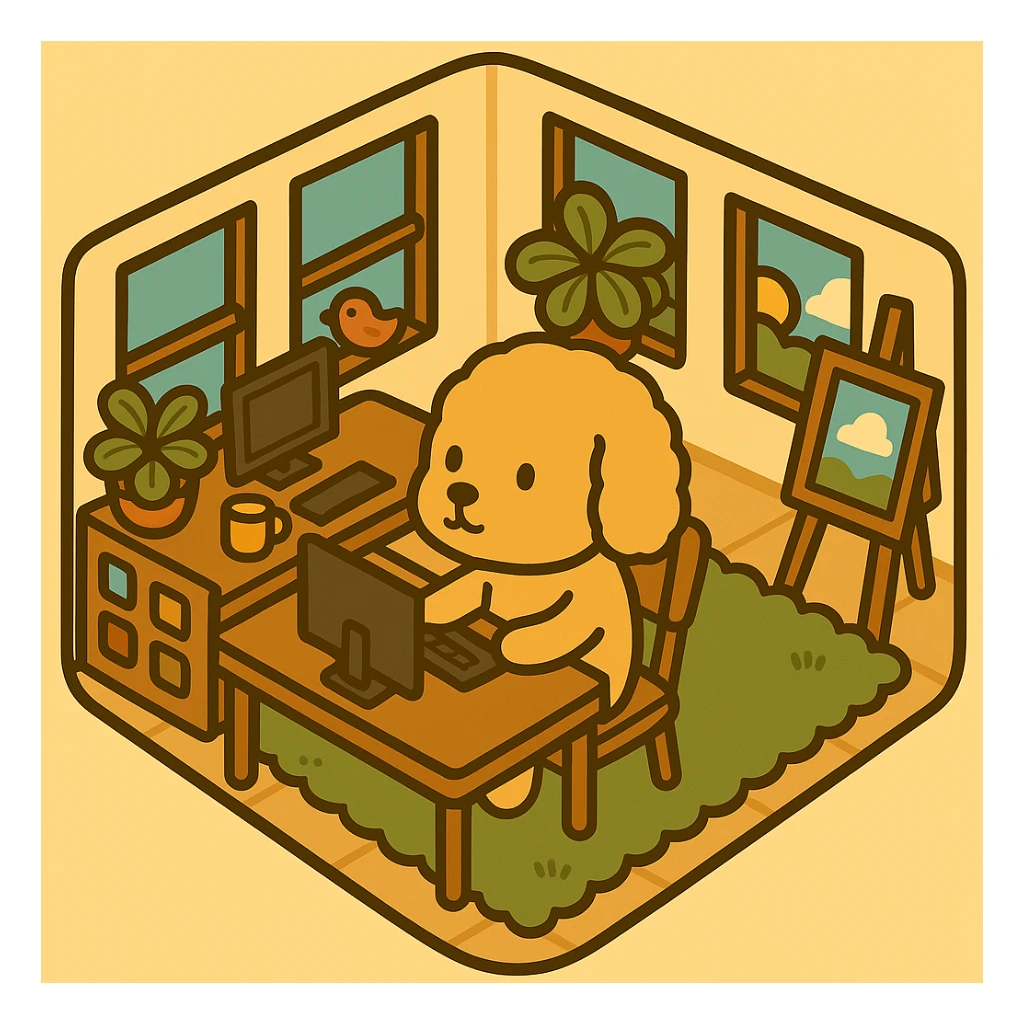 Edit the illustration to place the dog using the computer that is on the table behind him, maintaining the original illustration style and composition. sticker