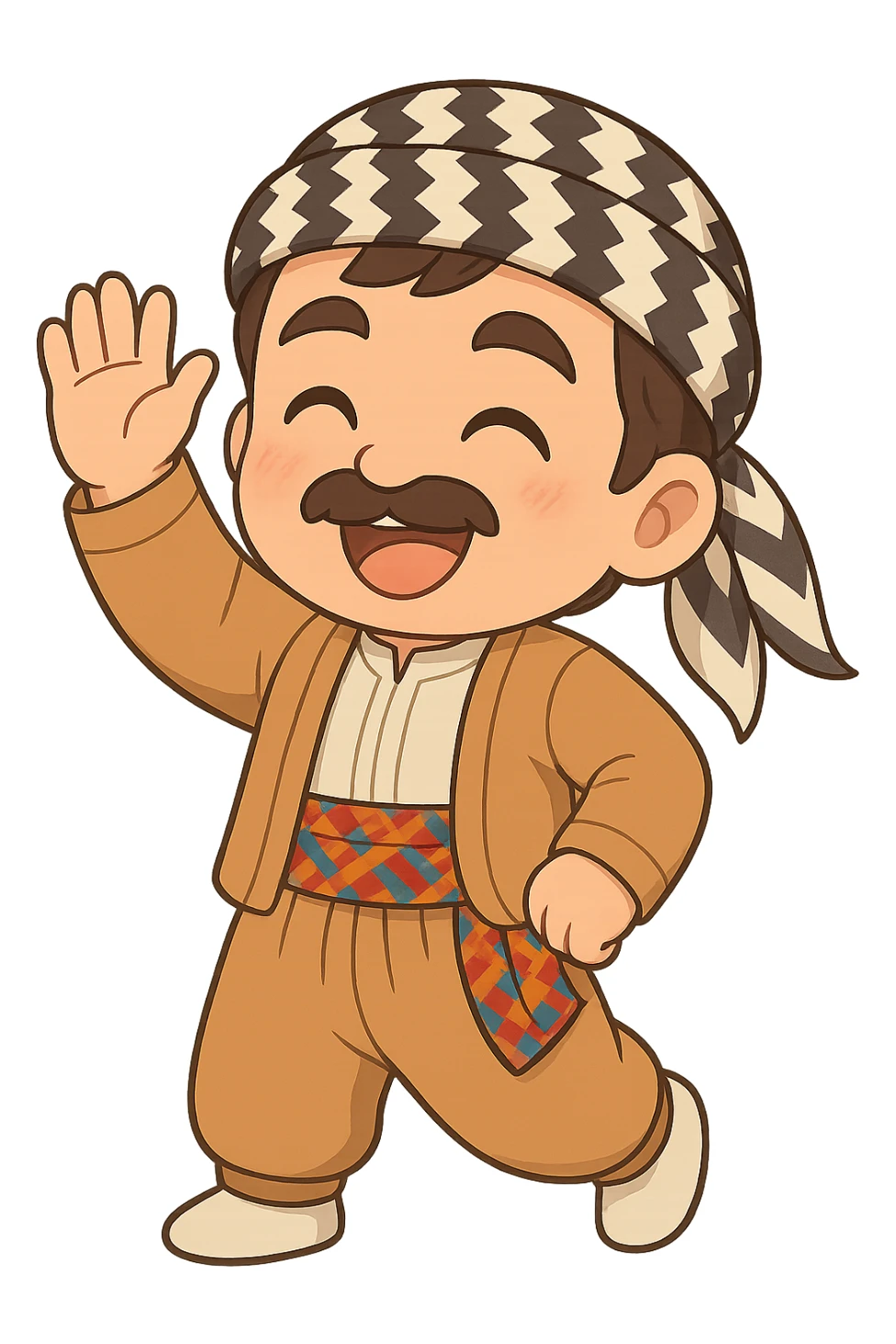 Create a chibi Kurdish cartoon sticker based on the reference image, showing a farewell (waving goodbye) expression, with a transparent background. sticker