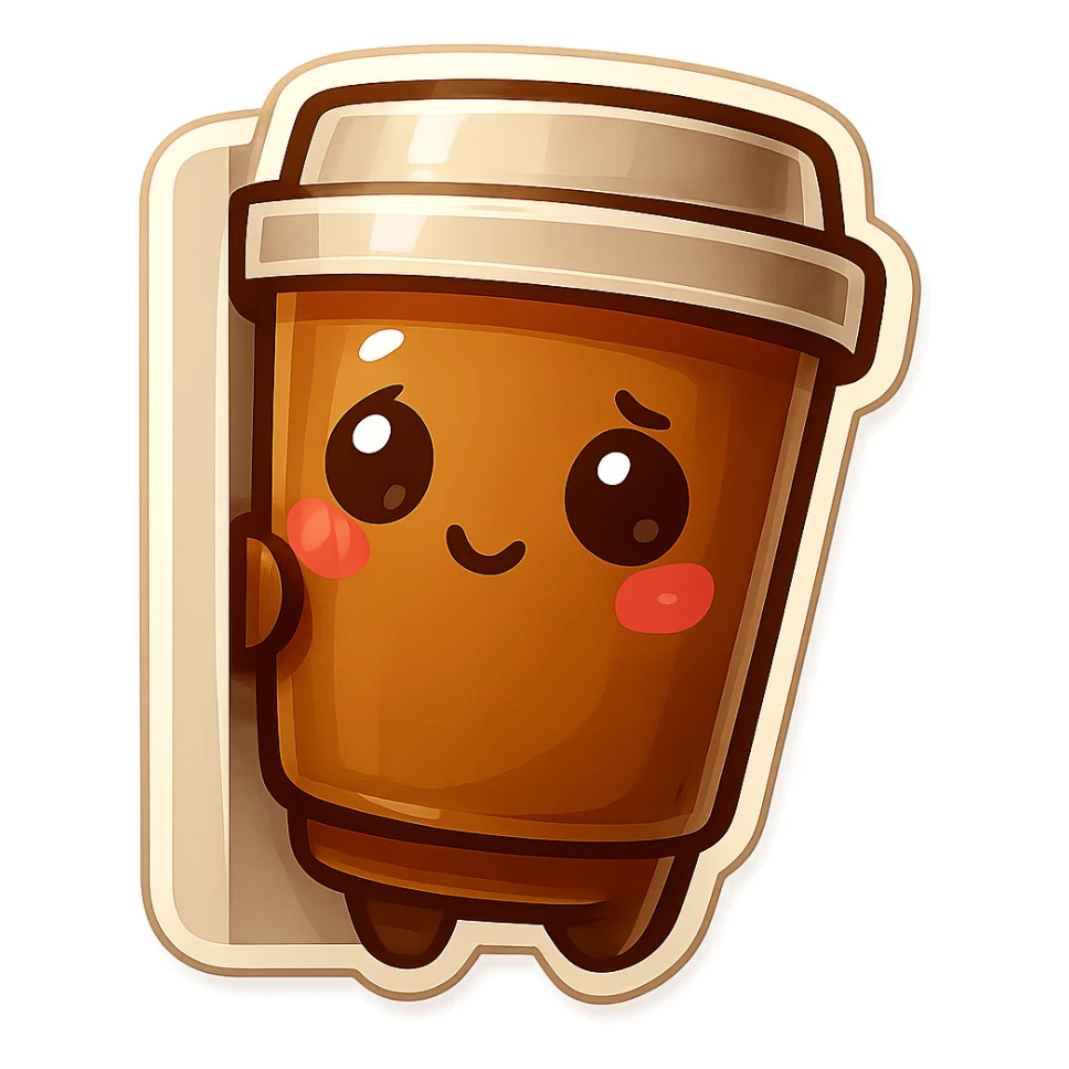 Tall coffee cup, shy, hiding sticker