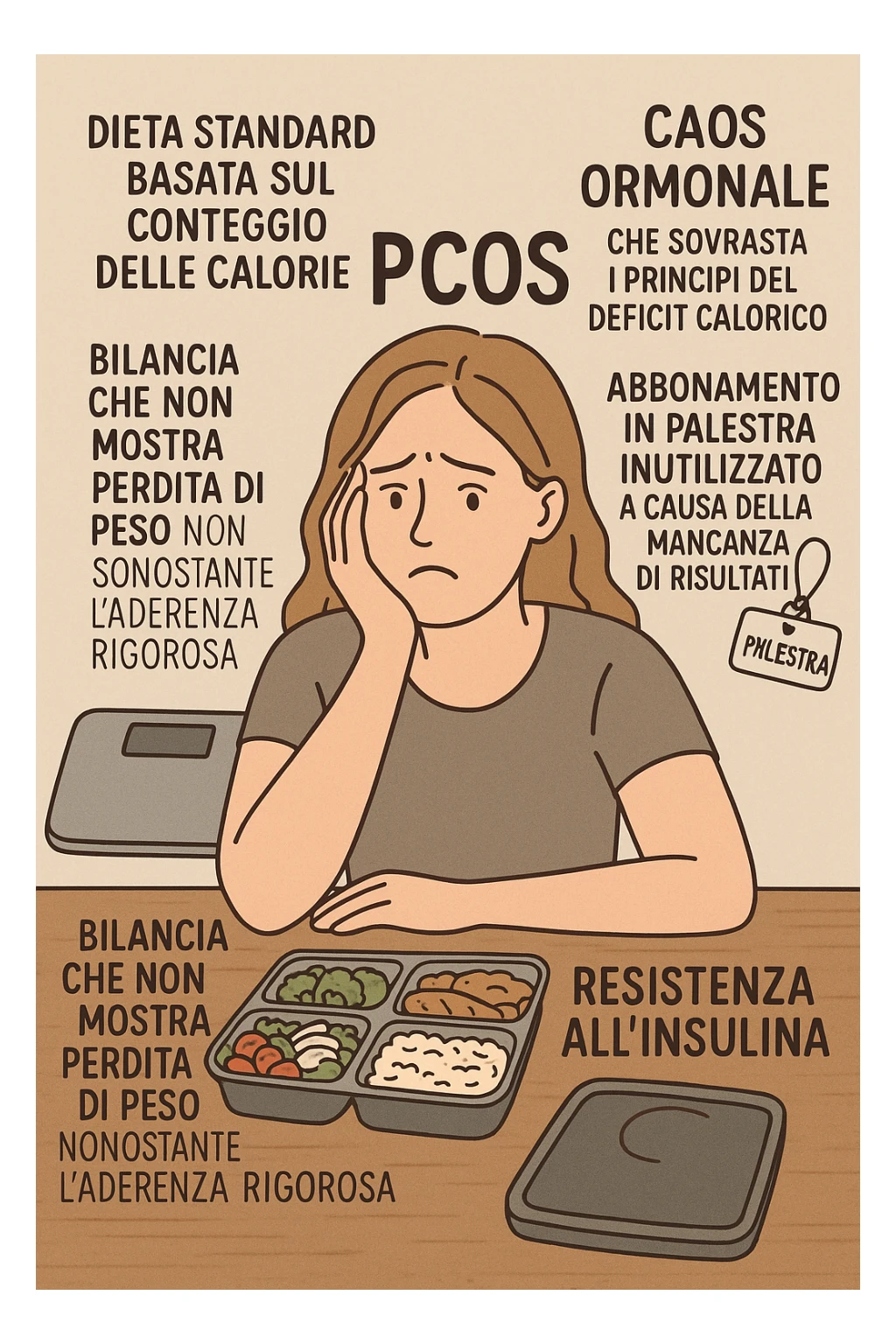 "Desperate woman with PCOS following standard calorie-counting diet, scale showing no weight loss despite strict adherence, expression of confusion and defeat, meal prep containers with healthy foods, insulin resistance making normal dieting ineffective, hormonal chaos overriding caloric deficit principles, gym membership unused due to lack of results scritte in italiano sticker