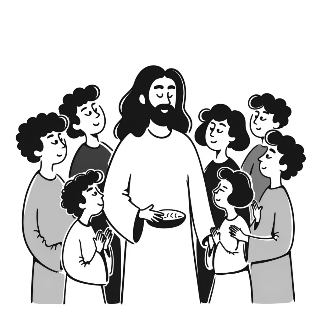 Jesus surrounded by his disciples and followers, peaceful gathering sticker