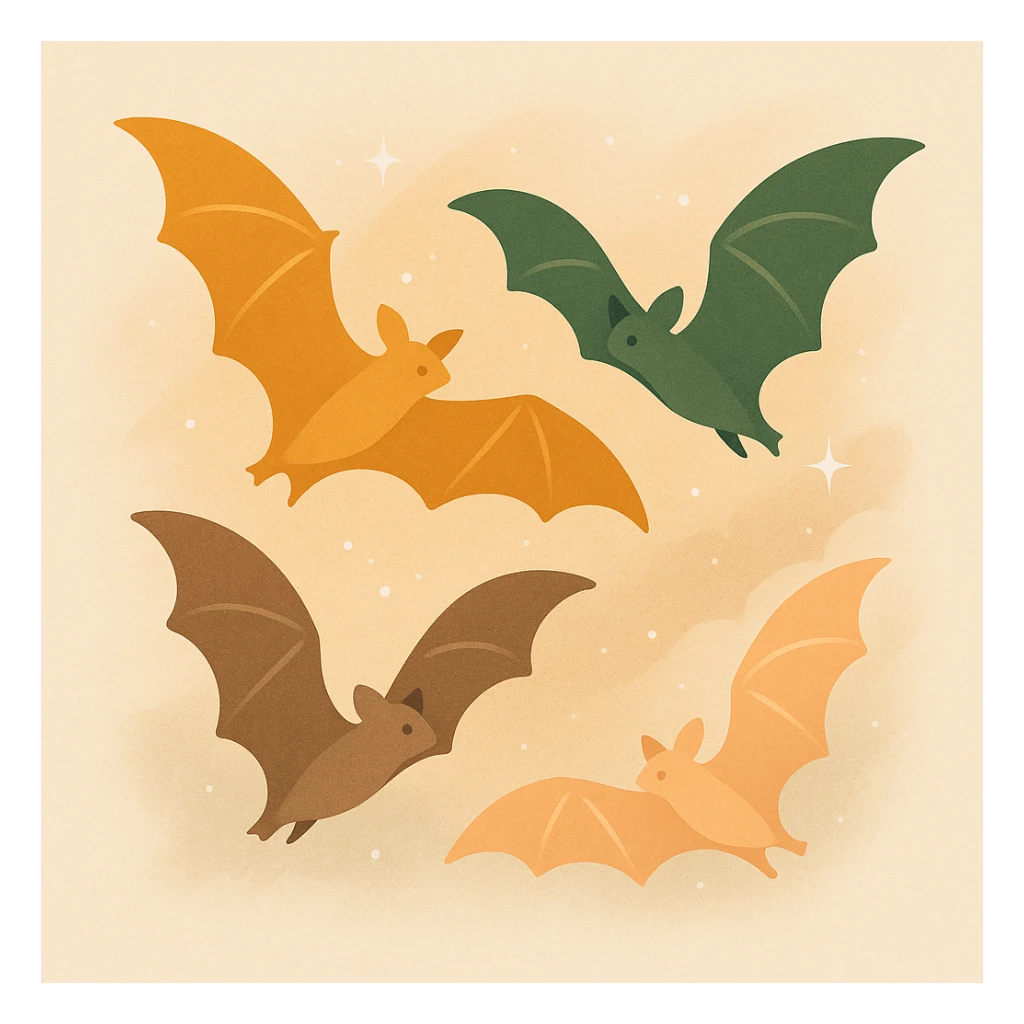 A group of flying bats in mid-air, illustrated in a stylized, artistic way using a warm, earthy color palette: golden orange (FA9B41), deep forest green (4A7C5C), muted taupe brown (96775A), and soft pastel peach (FFCC9A). The bats have sleek wings with subtle color gradients, and their bodies are small and streamlined, featuring elegant silhouettes. The sky around them has a magical, twilight glow with faint sparkles or mist, enhancing the enchanted atmosphere. The overall style is whimsical and soft, with a balance between natural and fantastical elements. sticker