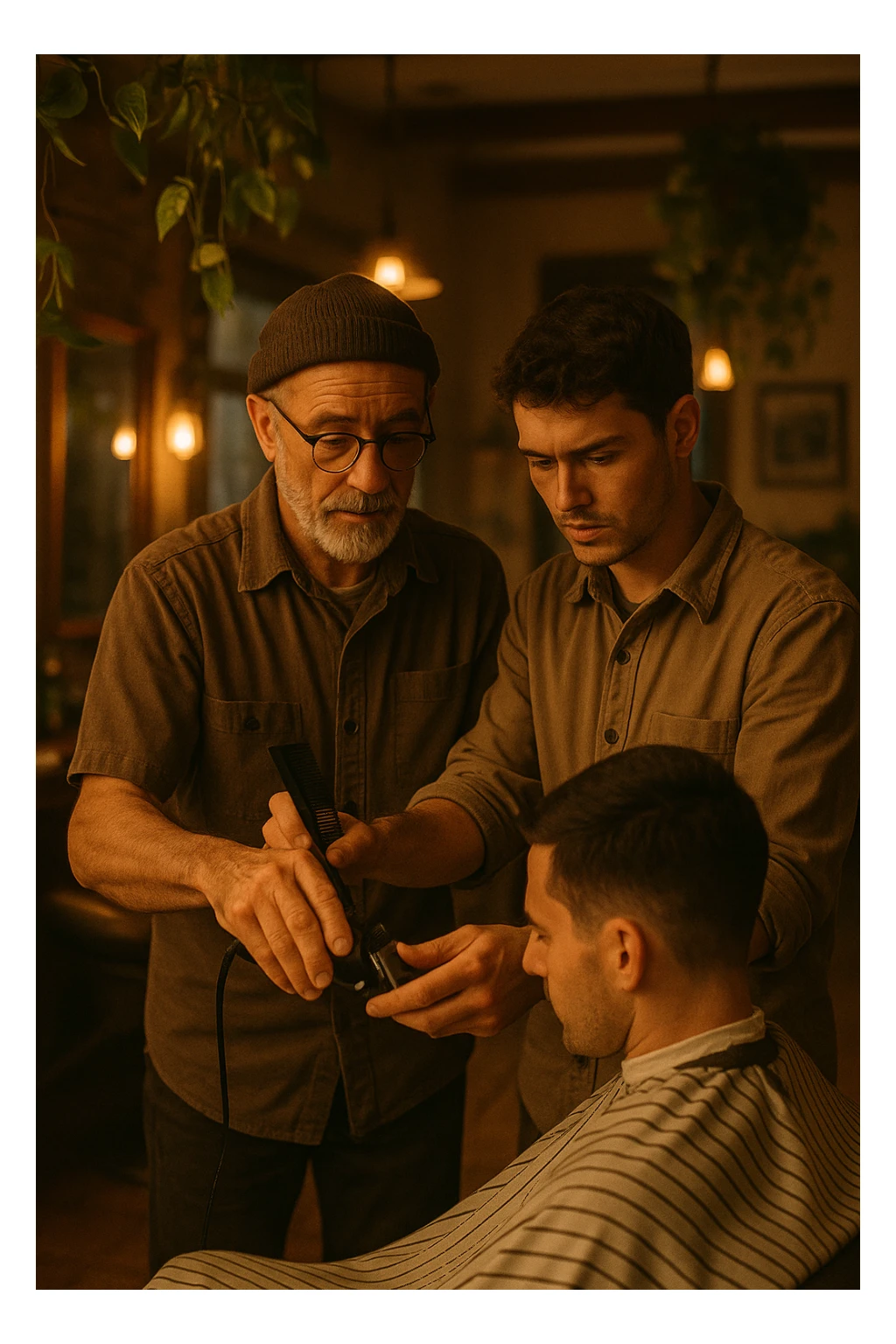 Inside a cozy barbershop with soft lighting, an experienced barber gently teaches his apprentice, guiding his hands as they cut hair together. The room is filled with warmth, plants hanging from the ceiling, and the hum of clippers sticker