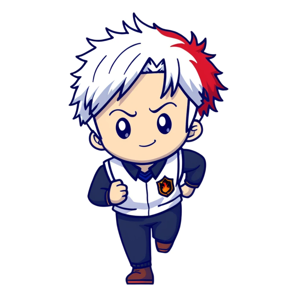 Shoto Todoroki using his ice and fire quirk, half red half white hair, school uniform from UA High sticker