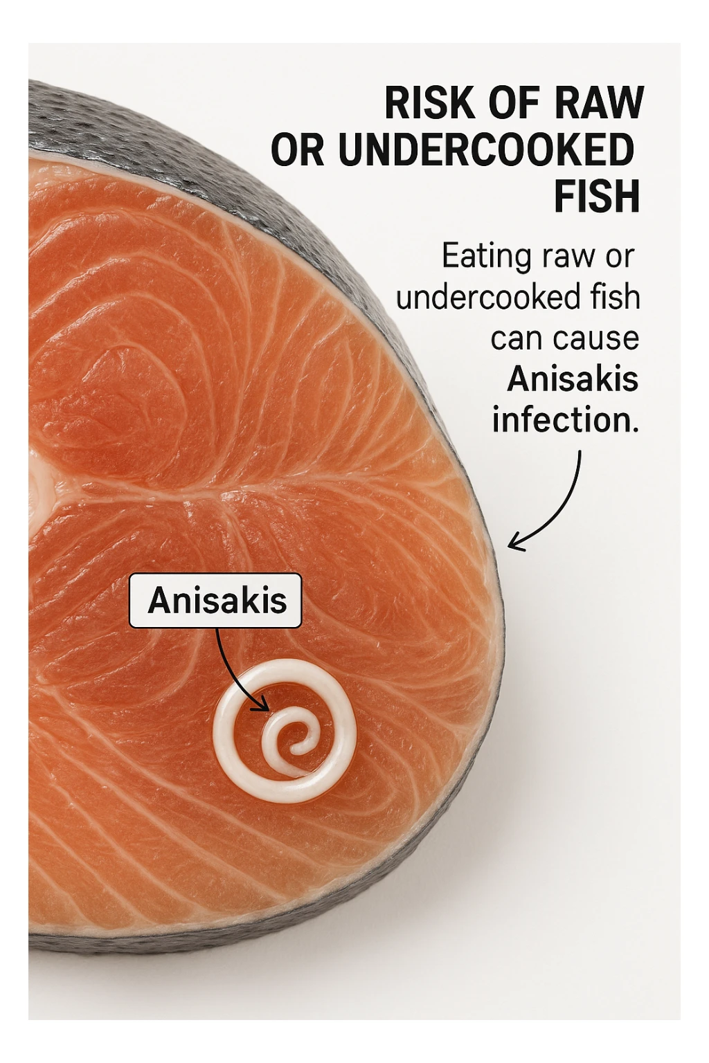 a close-up cross-section of a raw fish fillet, showing a white, coiled Anisakis parasite embedded in the muscle tissue. The parasite is clearly labeled, and the surrounding fish tissue is rendered in detail. The background is clean and white, with educational callouts explaining the risk of consuming raw or undercooked fish. sticker