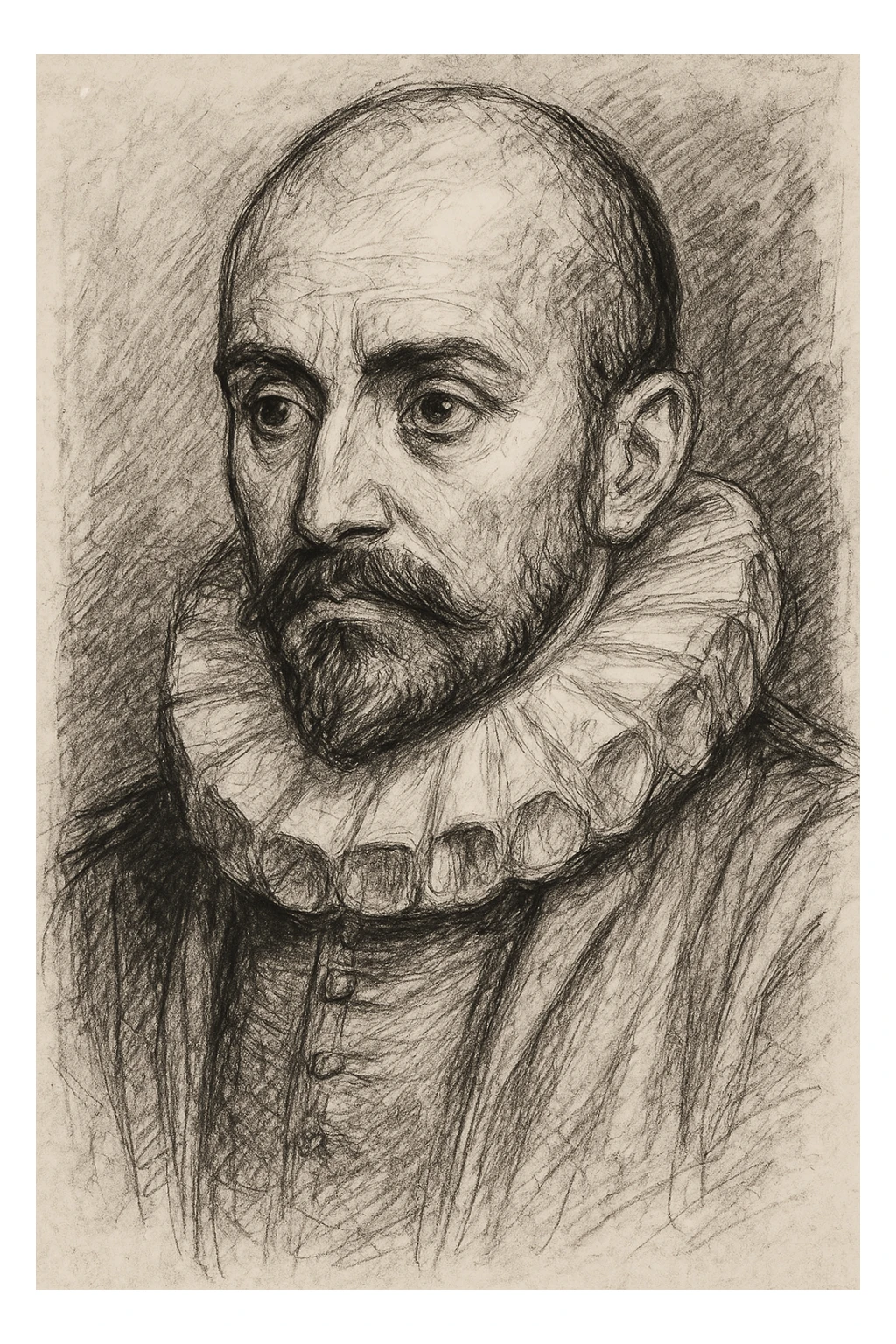 a hand drawn black outline portrait of philosopher Montaigne with similar-sized eyes based a famous portrait of him sticker