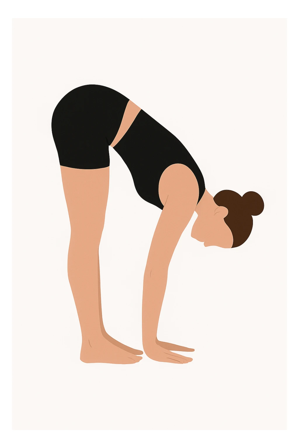 Minimalist flat vector illustration of a woman doing yoga in forward fold pose (Uttanasana), wearing sportswear (black top and black shorts), brown hair in a bun, clean white background, no face details, elegant style sticker