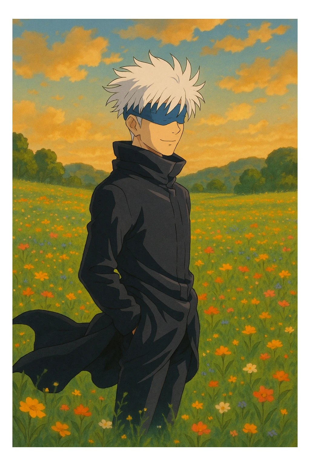 Gojo Satoru, standing in a magical field, white hair, blue blindfold, flowing coat, warm lighting, Ghibli-inspired sticker