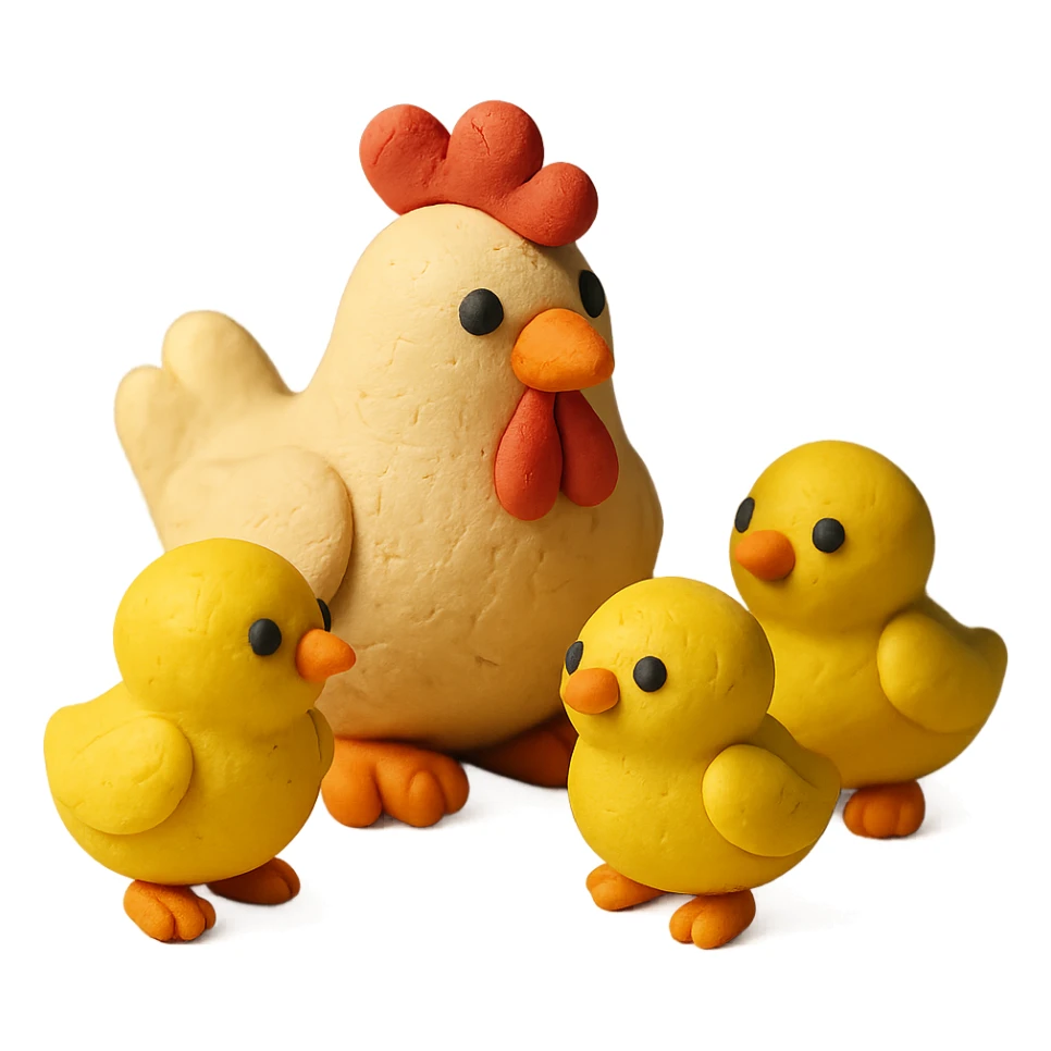mother hen surrounded by three yellow chicks, playful and cute, matte finish sticker