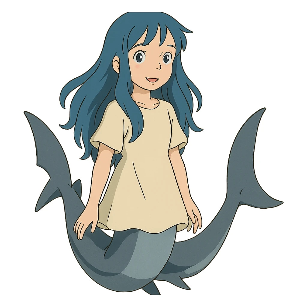 anime style girl with long blue hair and shark tail sticker