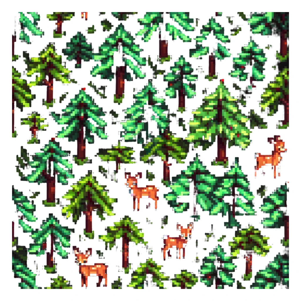 Add a pixel art forest background behind Bambi, featuring pixel art trees and foliage. sticker