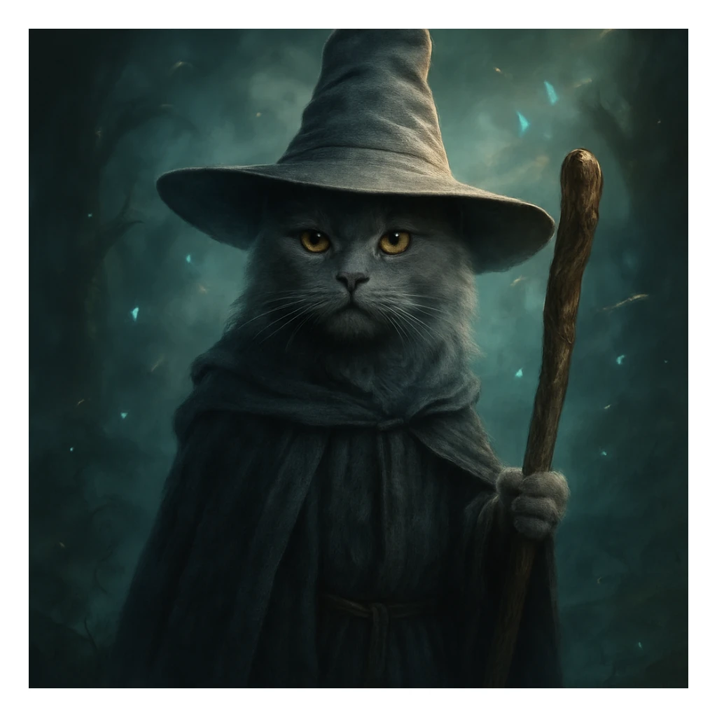 gray cat wearing Gandalf's hat, holding a staff, fantasy atmosphere sticker