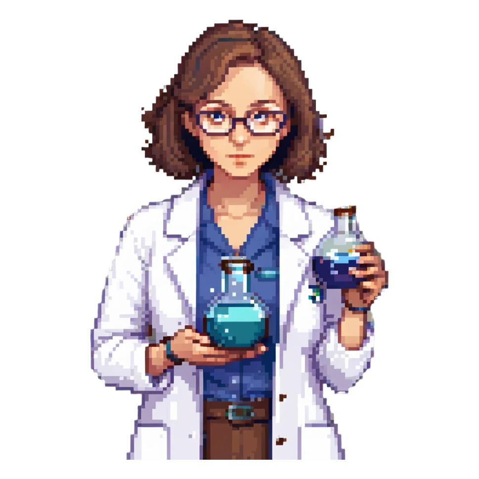 Flat pixel art, a female chemist, wearing glasses, white lab coat over indigo shirt, focusing on lab experiment, holding a flask in her right hand, waist-up, front-facing sticker