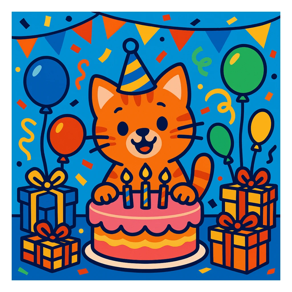 birthday party scene with colorful decorations, balloons, confetti, a large birthday cake, gifts, and a festive atmosphere, featuring a ginger tabby kitten wearing a birthday hat as the main character sticker