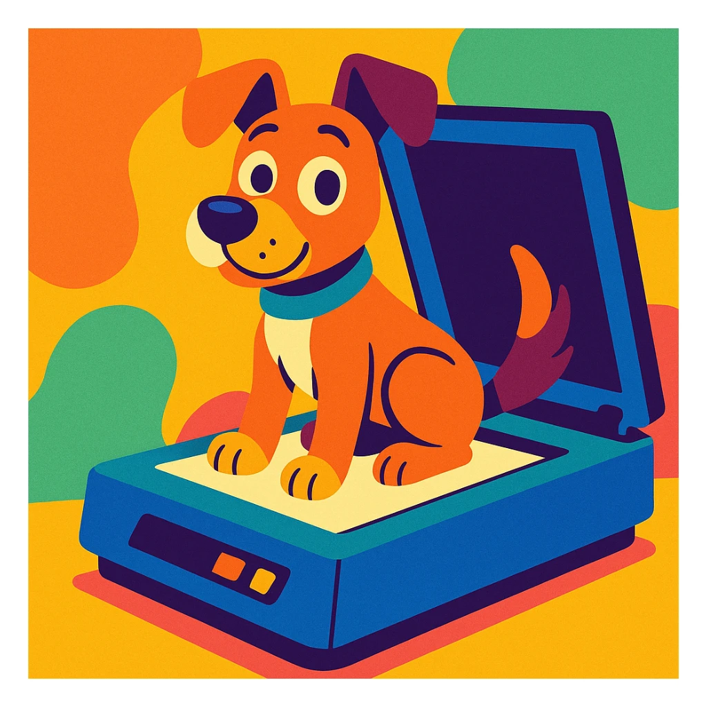 cartoon dog sitting on a flatbed scanner with scanner lid open, dog looking curious, playful and colorful style, as if about to be scanned sticker