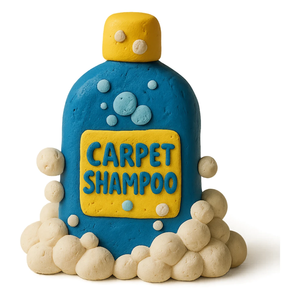 carpet shampoo bottle with bubbles and suds, playful look, claymation style sticker