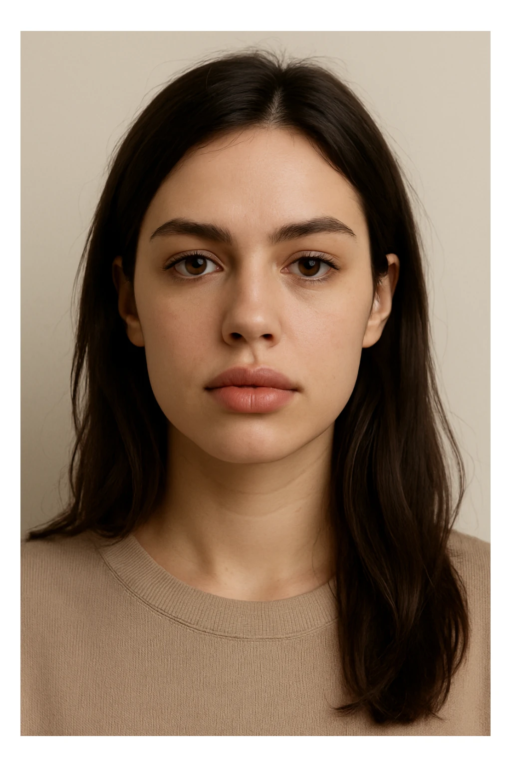 portrait of a brunette woman with puffy lips, neutral expression, simple background sticker