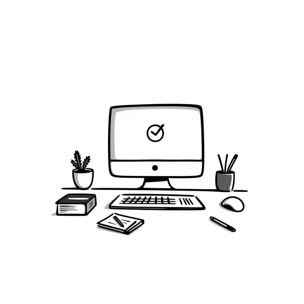 Computer on a desk with scattered books and notebooks sticker