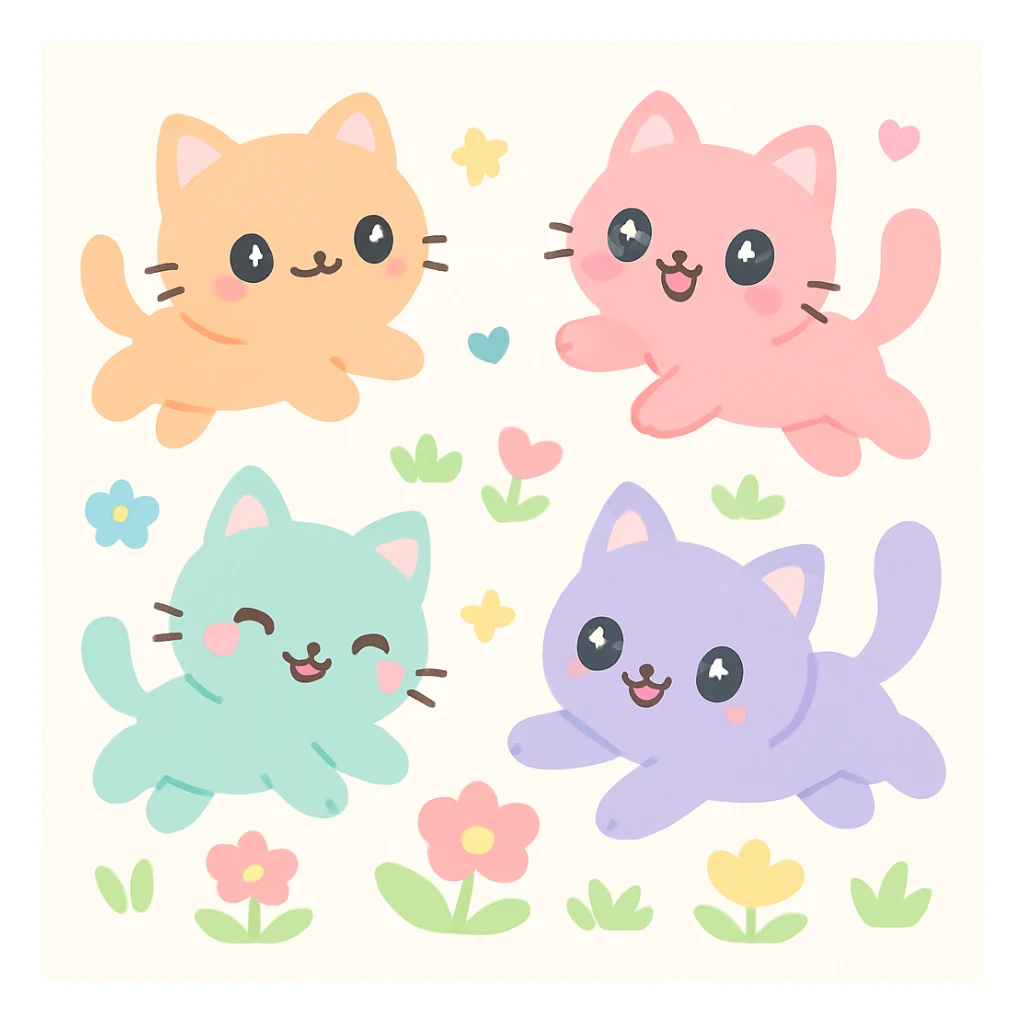 pretty little adorable kitties jumping around a garden, glowing, smiling, playful and cute sticker