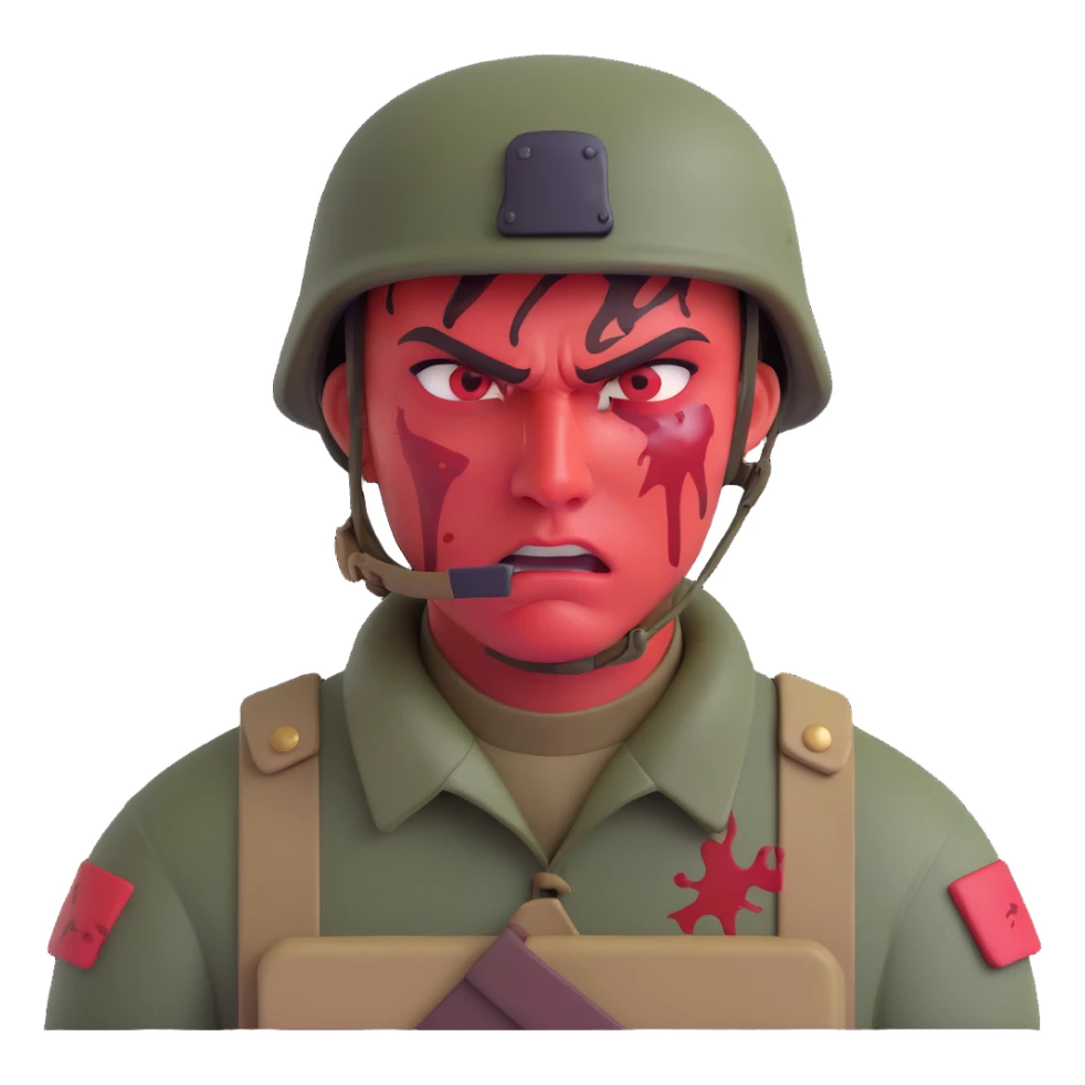 angry soldier, red skin, blood splatter on left cheek sticker