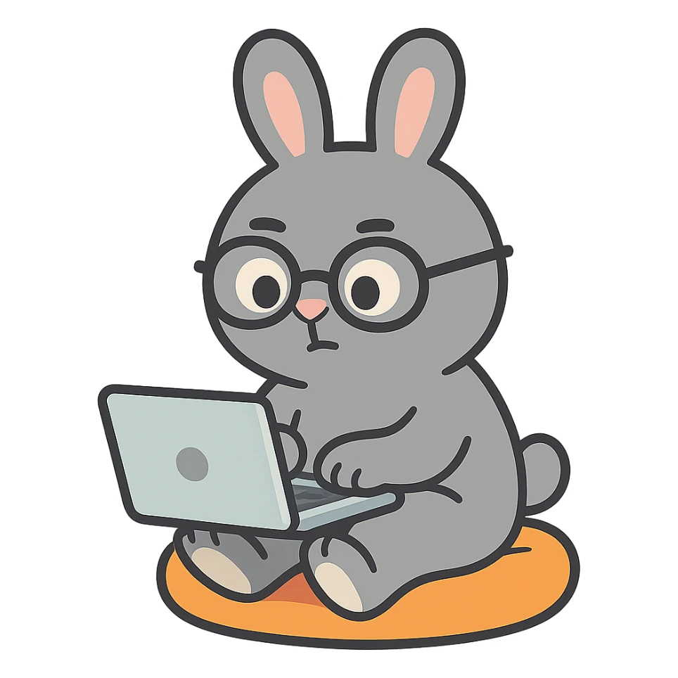 full-body round-faced gray bunny wearing glasses, sitting on a small cushion, working on a laptop with focused eyes, pastel-toon style sticker