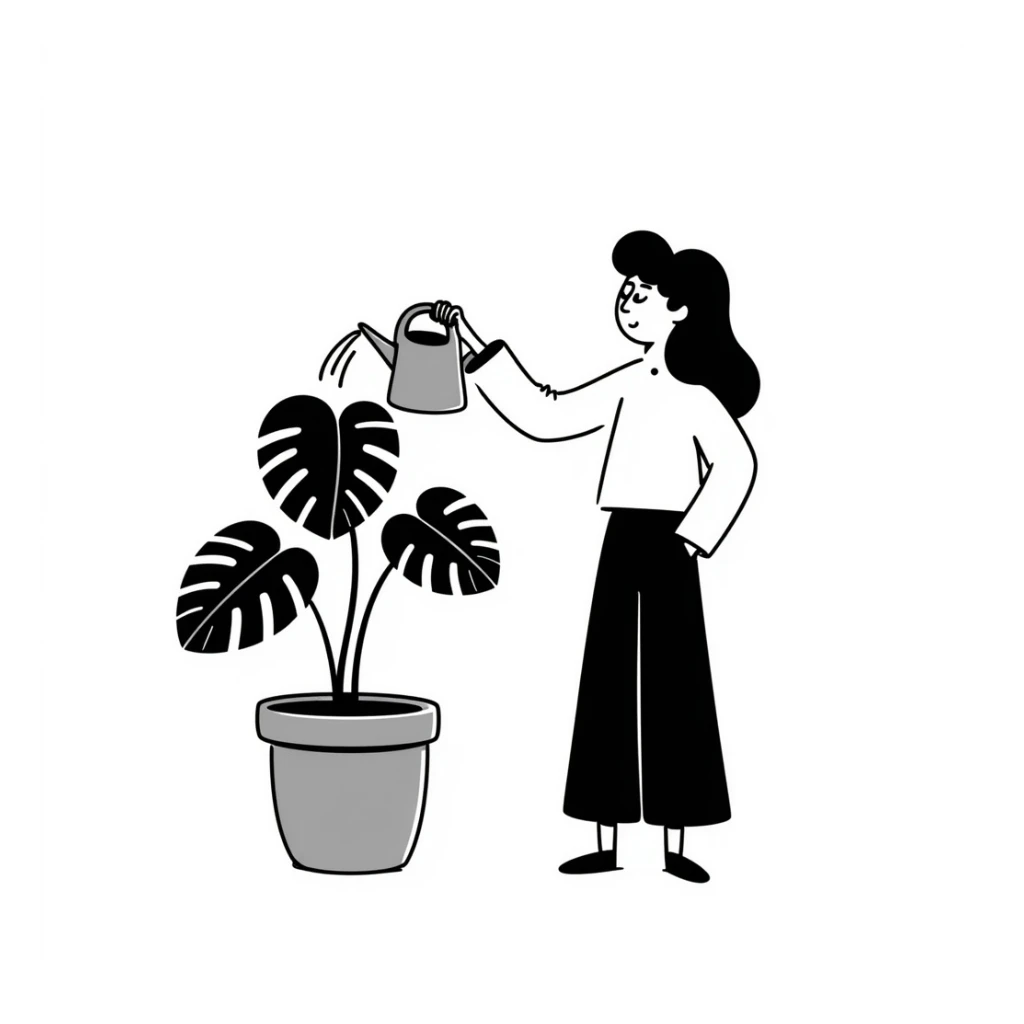 woman watering her monstera plant sticker